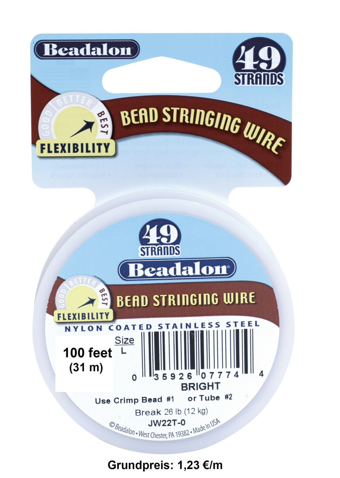 49 Strang Beadalon Schmuckdraht Edelstahl aus USA 100ft/ 31 m in 4 Stärken
